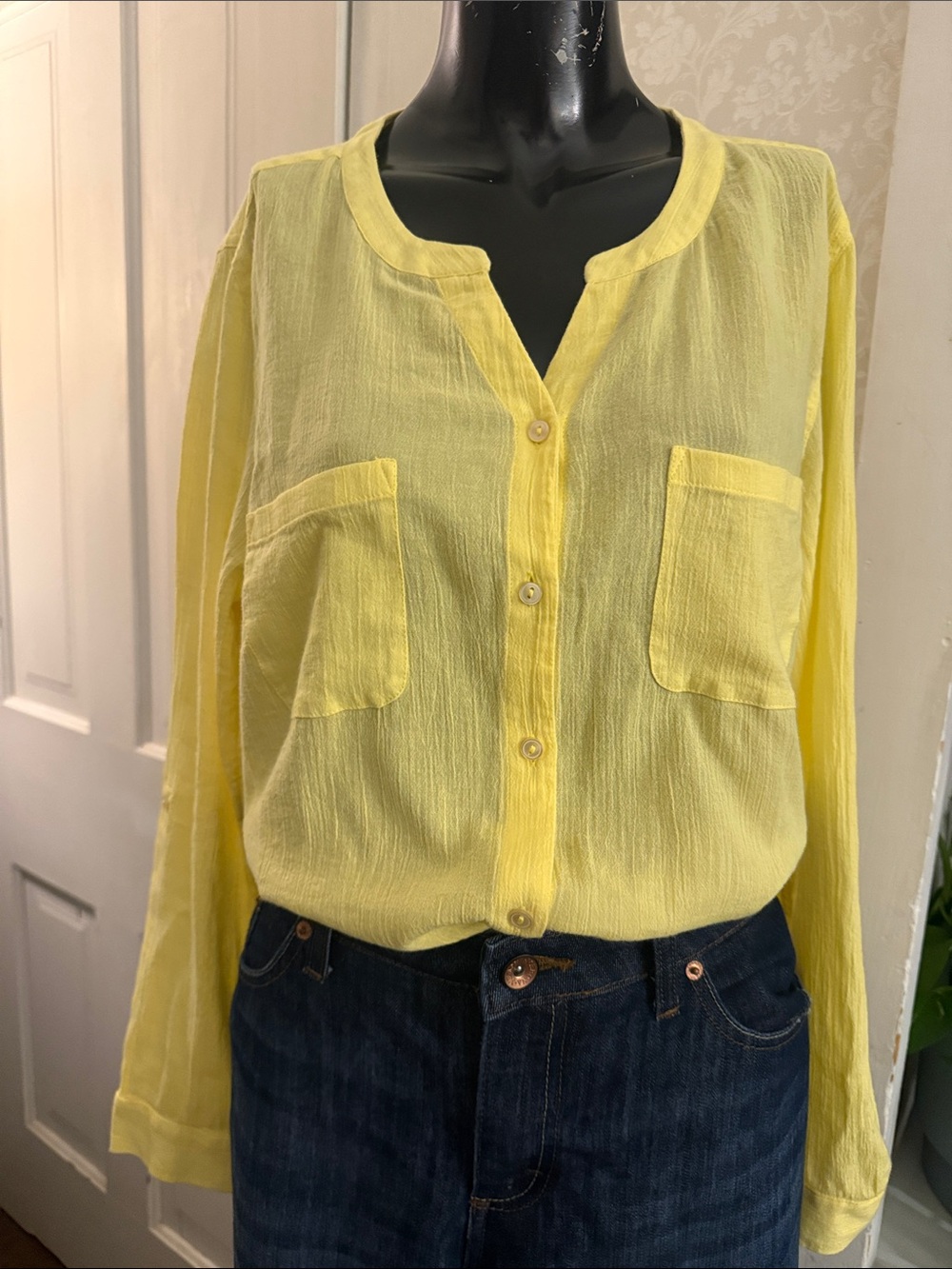 Talbots Lemon Yellow 100% Cotton Long Sleeve Collarless Button Up Shirt Medium